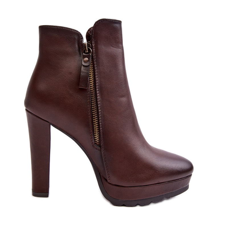 Hnědé kotníkové boty Inezma na vysokém podpatku se zipy hnědý