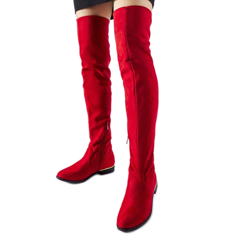 Dlouhé červené teplé eko semišové kozačky Elwira