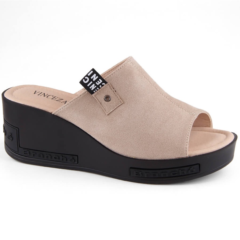 Béžové dámské semišové pantofle na klínku Vinceza 58291 béžový