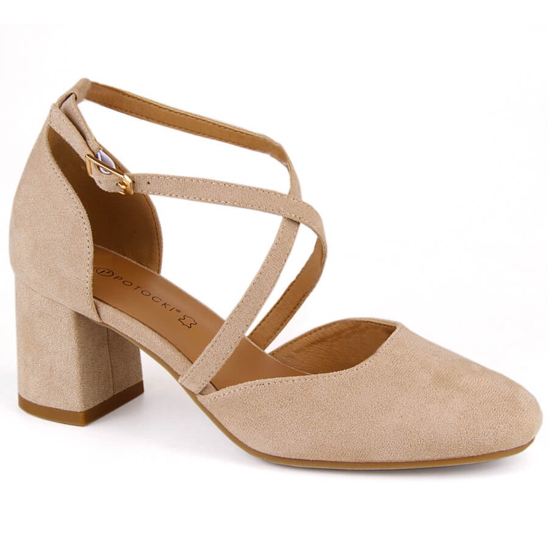 Elegantní dámské semišové sandály na vysokém podpatku, béžové Potocki SZ12341 béžový