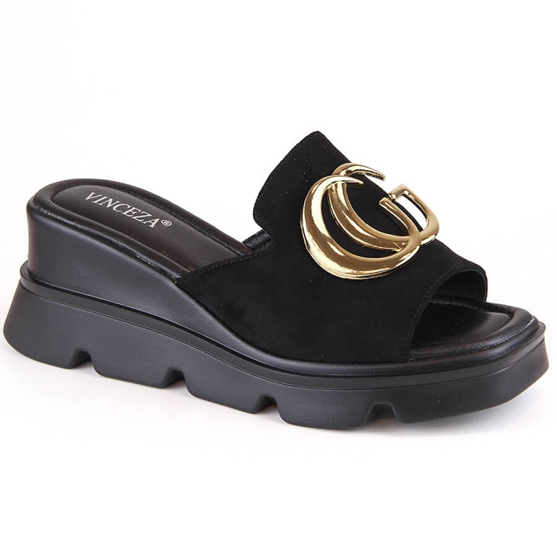 Dámské semišové pantofle na klínku, černé, Vinceza 58295 černá