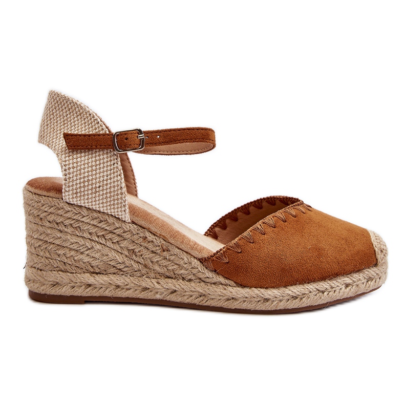 Semišové Espadrille sandály na klínu s velbloudím raylinovým copánkem hnědý Semišové Espadrille sandály na klínu s velbloudím raylinovým copánkem hnědý