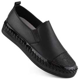S.Barski Dámské kožené slip-on boty s kubickou zirkony, černá D&amp;A LR370 černý