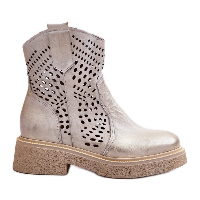 Dámské kožené kotníkové boty Zazoo 3470 na plochém podpatku, prolamované, broušené zlato zlatý