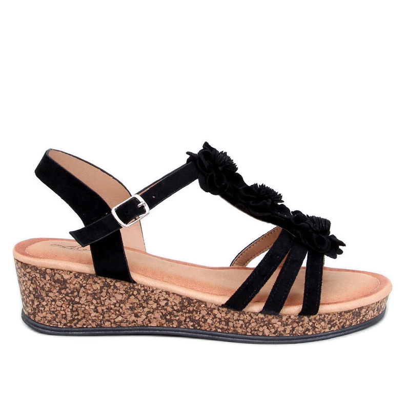 Fisken Černé květinové sandály na klínku černá Fisken Černé květinové sandály na klínku černá