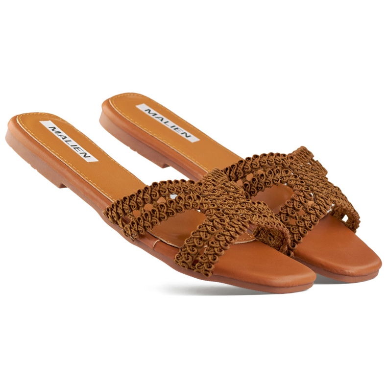 Krajkové hnědé dámské žabky s plochou podrážkou hnědý Krajkové hnědé dámské žabky s plochou podrážkou hnědý