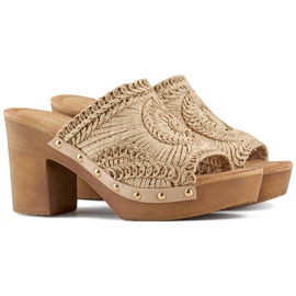 Krajkové béžové dámské žabky s podrážkou imitující dřevo béžový