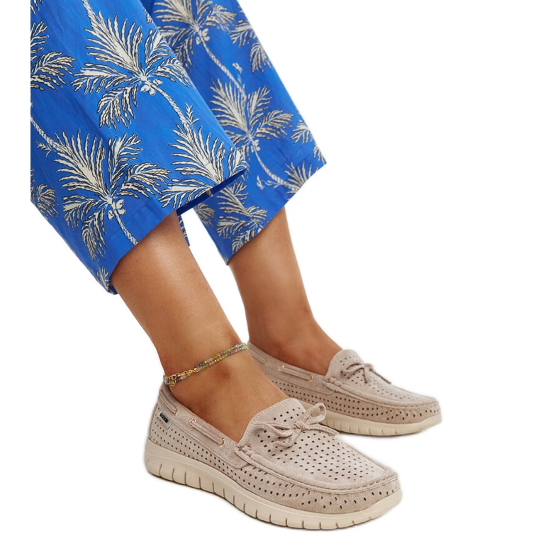 Béžové kožené mokasíny s mašlí hnědý