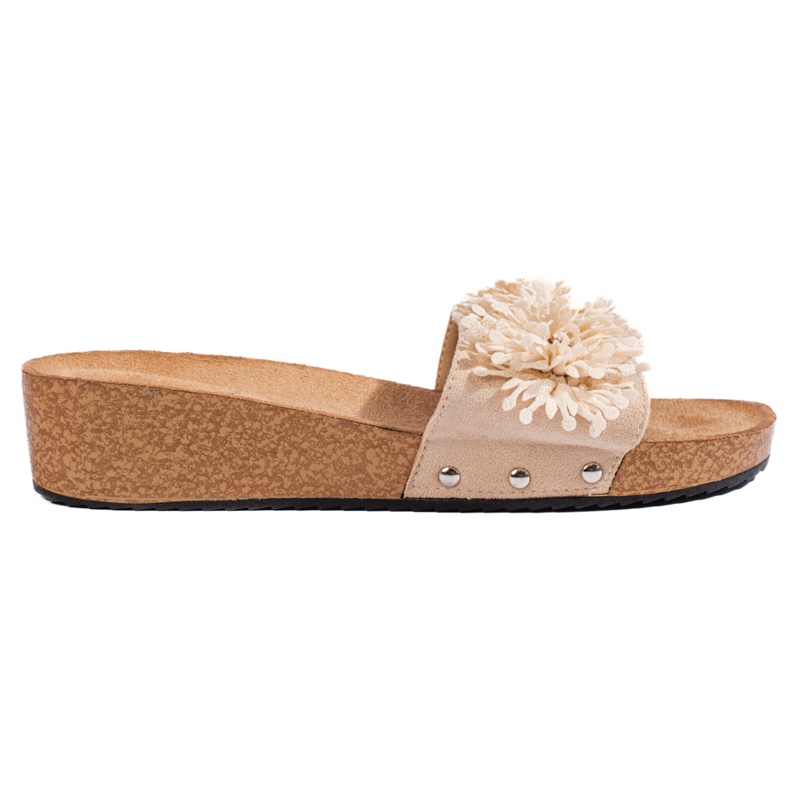 Dámské béžové semišové pantofle s květinami béžový