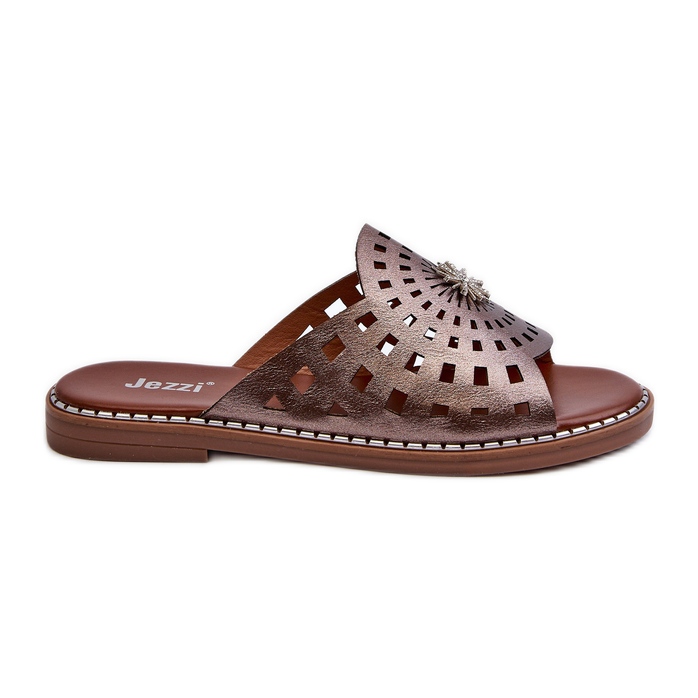 Lesklé dámské žabky na plochém podpatku s měděným zdobením Ebirena hnědý