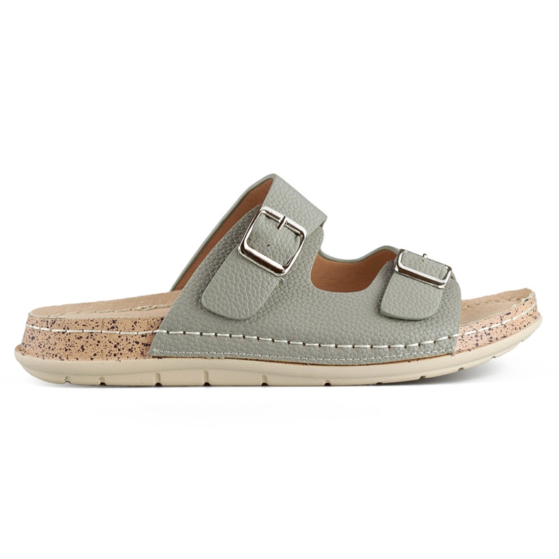 Pohodlné šedé dámské žabky se dvěma přezkami a koženou stélkou šedá