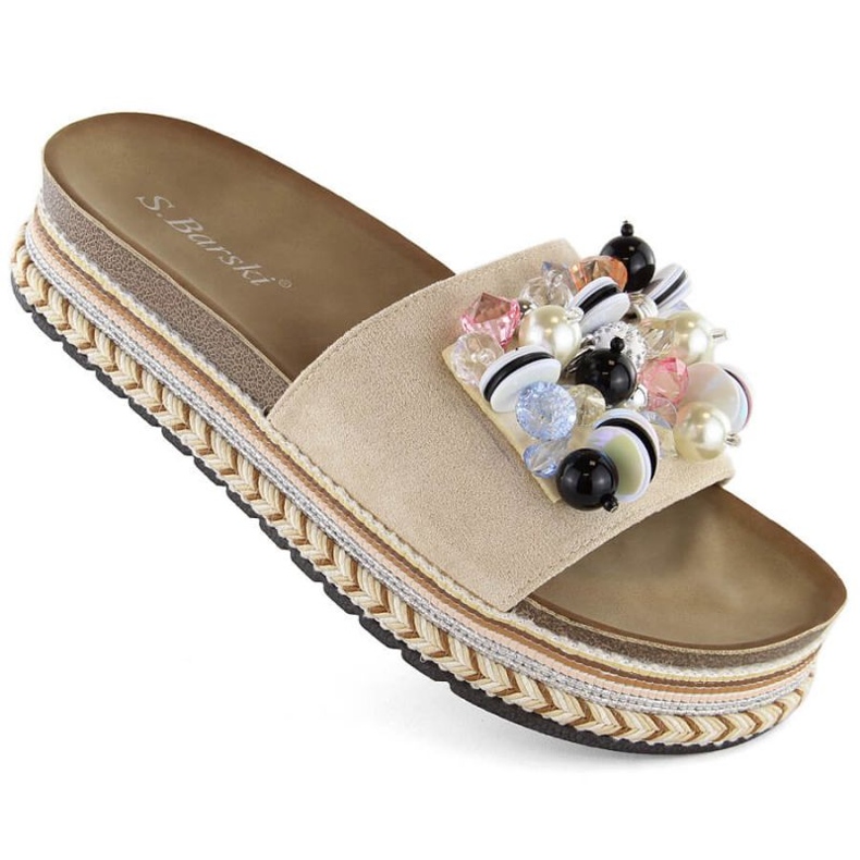 S.Barski W OLI260 béžové žabky na platformě s korálky