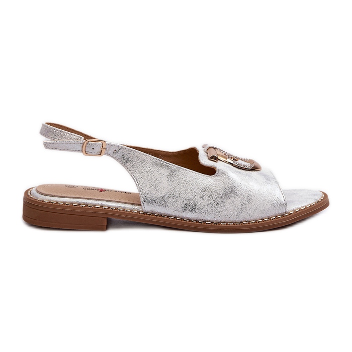 Elegantní dámské sandály se zlatým zdobením na plochých podpatcích, stříbrná S.Barski KV27-053 stříbrný