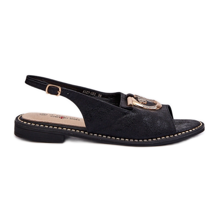 Elegantní dámské sandály se zlatým zdobením na plochých podpatcích, černá S.Barski KV27-053