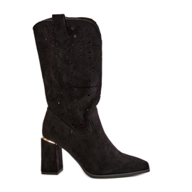 Dámské prolamované kozačky na vysokém podpatku se špičatými špičkami, Eco Suede Black Nevithra černý