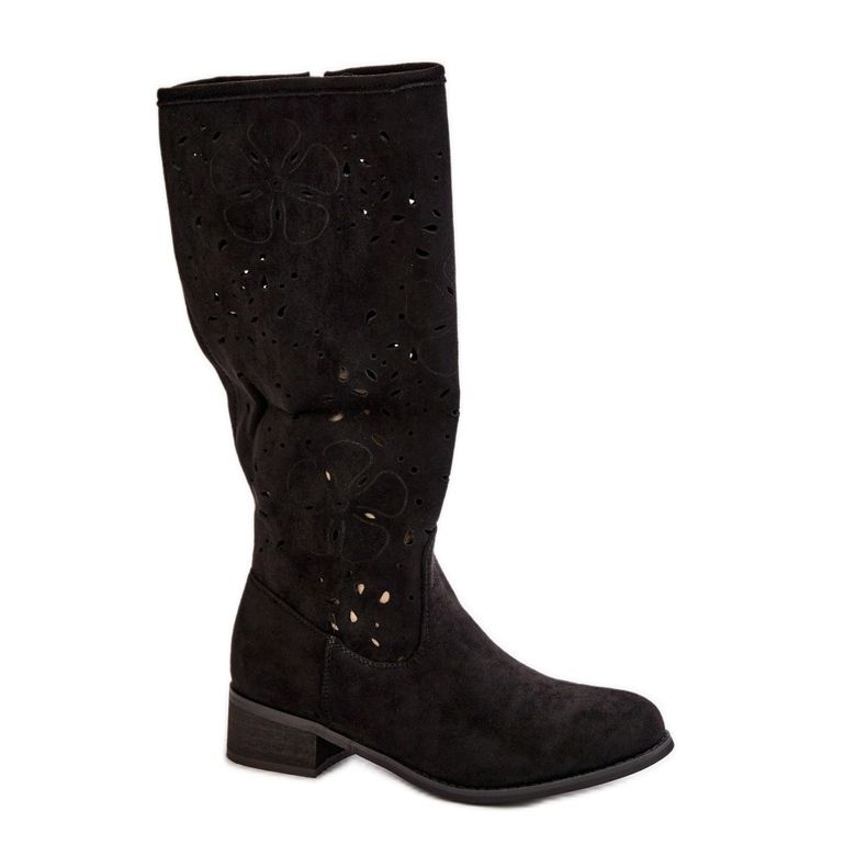 Prolamované dámské kozačky na nízkém podpatku Ekologické semišové zapínání na zip Černá Orchideje