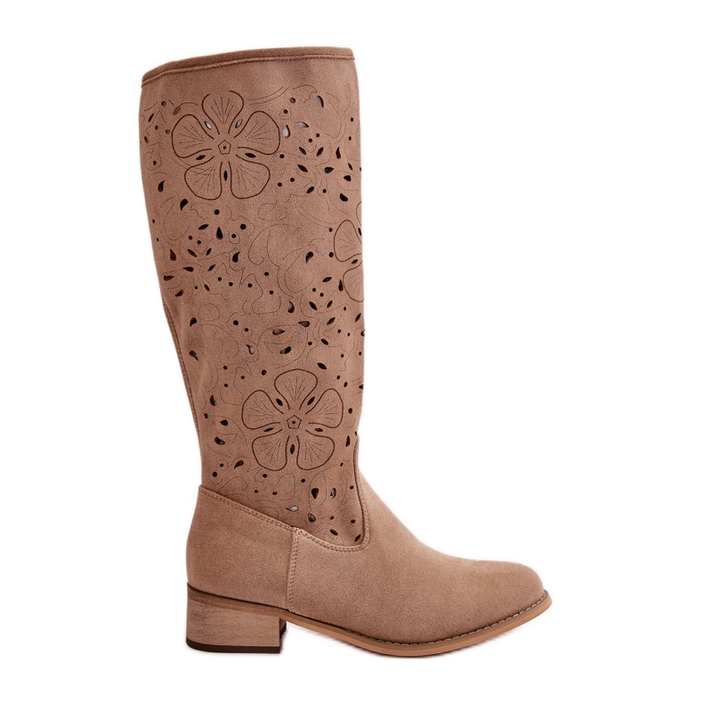 Prolamované dámské kozačky na nízkém podpatku Ekologické semišové zapínání na zip Tmavě béžové Orchideje béžový