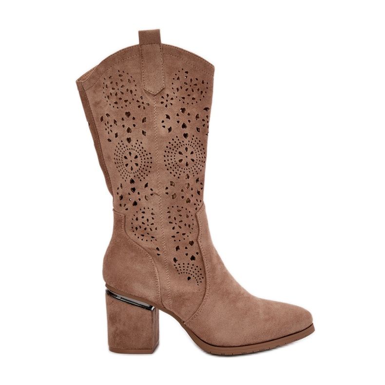 Dámské prolamované kovbojské boty na vysokých podpatcích Eco Suede Béžová S.Barski HY42-028 béžový