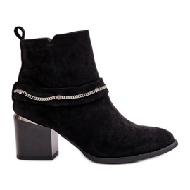 Zateplené dámské kotníkové boty na vysokém podpatku s řetízkem, Eco Suede Black, Hanalen černý