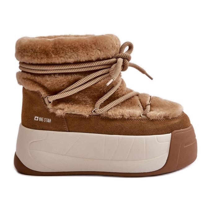 Dámské kožené sněhule na silné podrážce s kožíškem Big Star OO274A207 Hnědá béžový