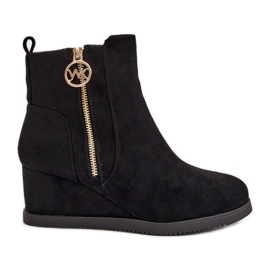 Zateplené kozačky na klínku s ozdobným zipem, Eco Suede, Black Leretha černý