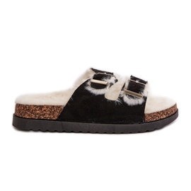 Dámské pantofle žabky s přezkami a kožíškem, černá Ezilena Dámské pantofle žabky s přezkami a kožíškem, černá Ezilena