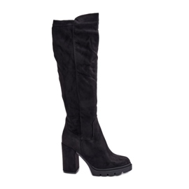 Zateplené dámské kozačky na vysokém podpatku Eco Suede Black Tirisha černý