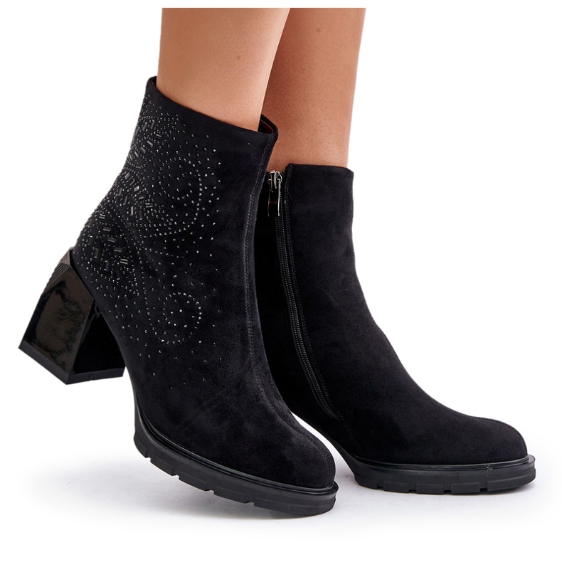 S.Barski Zateplené dámské kozačky na vysokém podpatku s ozdobou D&amp;A MR880-130 černá