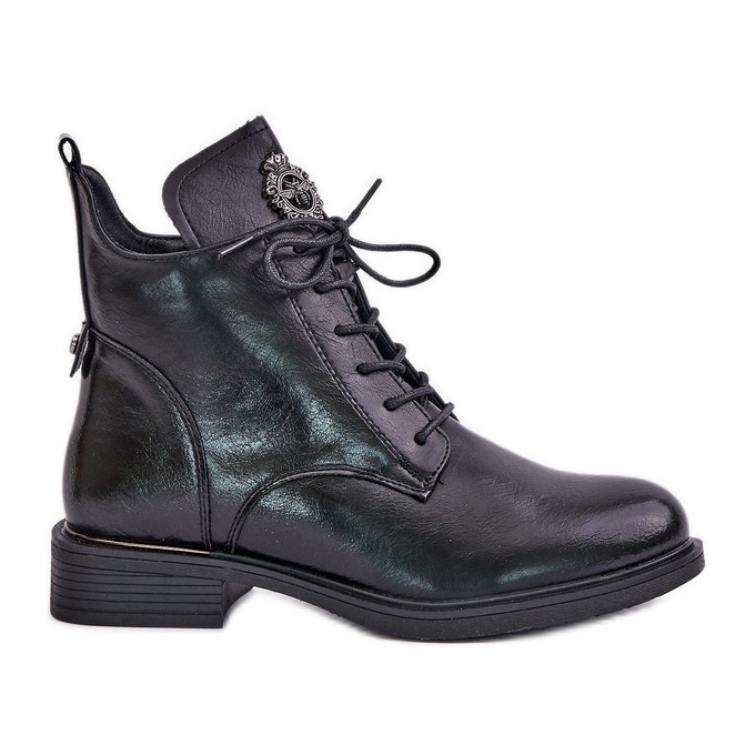 Zateplené kotníkové boty na plochém podpatku se zdobením, černá Leonise