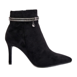 Zateplené kotníkové boty na vysokém podpatku s ozdobným páskem Eco Suede Vinceza 16469 Black černá