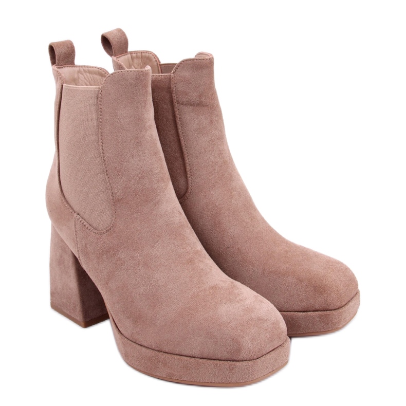 Khaki kotníkové boty na širokém podpatku béžový