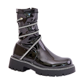 Černé lakované dámské kotníkové boty černý