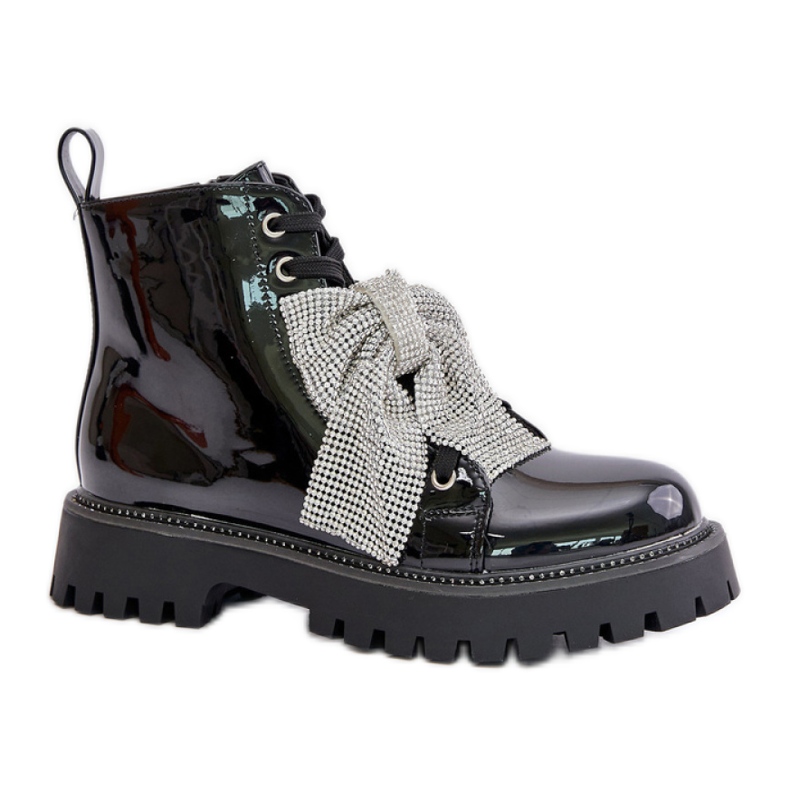 Dámské lakované kotníkové boty s černou mašlí černá Dámské lakované kotníkové boty s černou mašlí černá