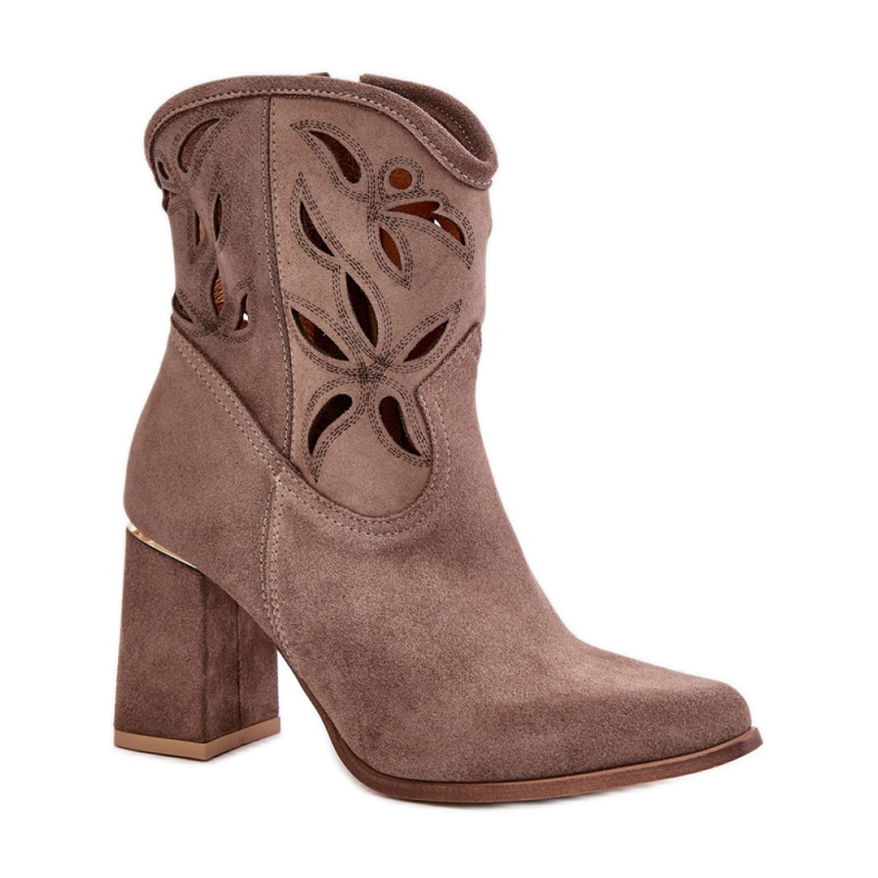 Lewski Tmavě béžové dámské kotníkové boty na vysokém podpatku s prolamovaným svrškem béžový