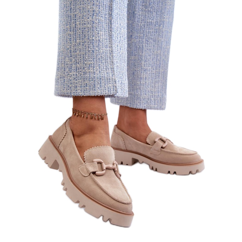Dámské semišové mokasíny s béžovým zdobením