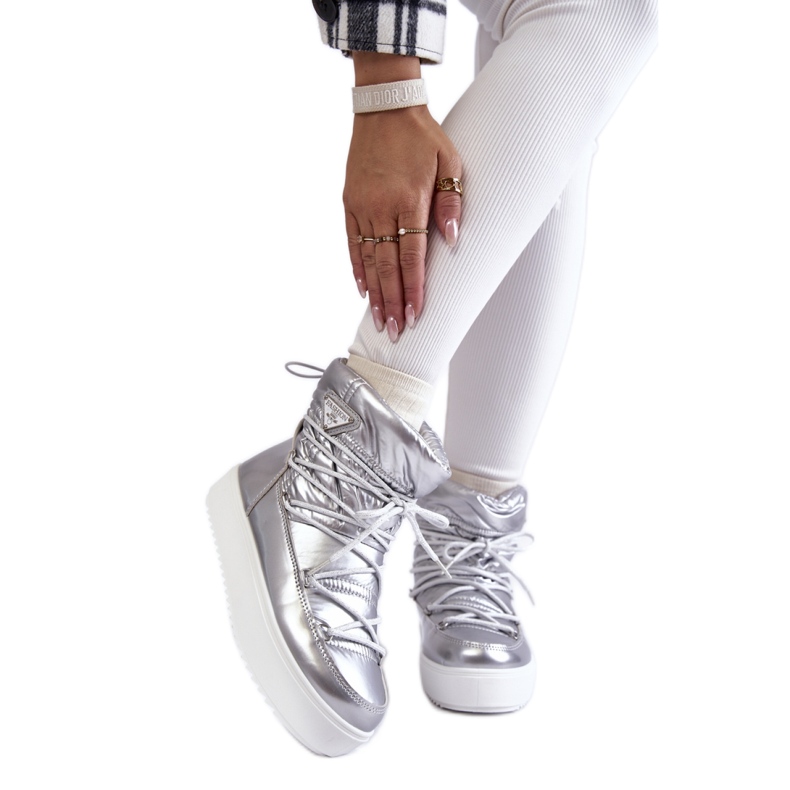 Dámské stříbrné boty do sněhu na šněrovací platformě šedá