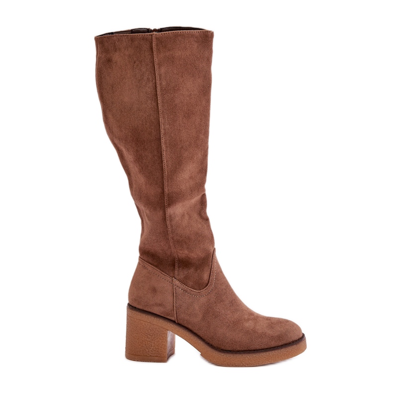 Jezzi Zateplené eko semišové boty na vysokém podpatku nad kolena, hnědé Leamirael hnědý Jezzi Zateplené eko semišové boty na vysokém podpatku nad kolena, hnědé Leamirael hnědý