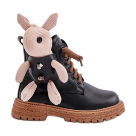 Kožené teplé dětské kotníkové boty na zip a medvídek Vinceza 36261 Black černá