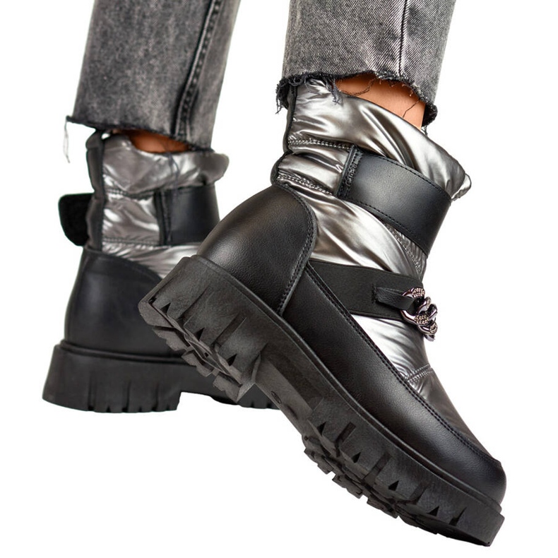 Dámské sněhule s řetízkem a suchým zipem, metalická stříbrná JH-5SI stříbrný