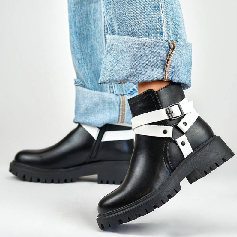 Dámské zateplené pracovní boty s pásky, černá 250043BW-PU bílý