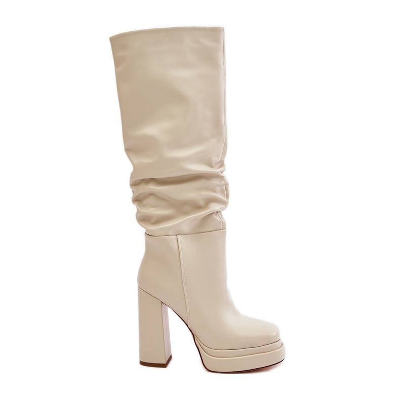 Nazouvací kozačky na vysokém podpatku a platformě s prošíváním, zateplená světle béžová Beridra béžový