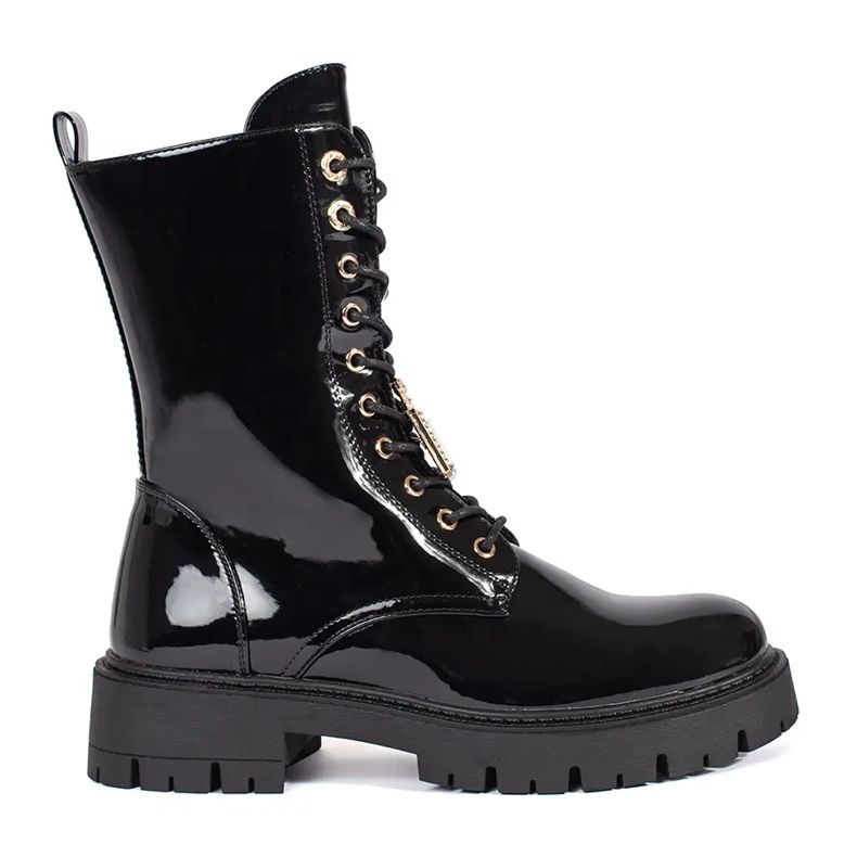 Seastar Černé patentované šněrovací pracovní kotníkové boty na platformě se špendlíky černá