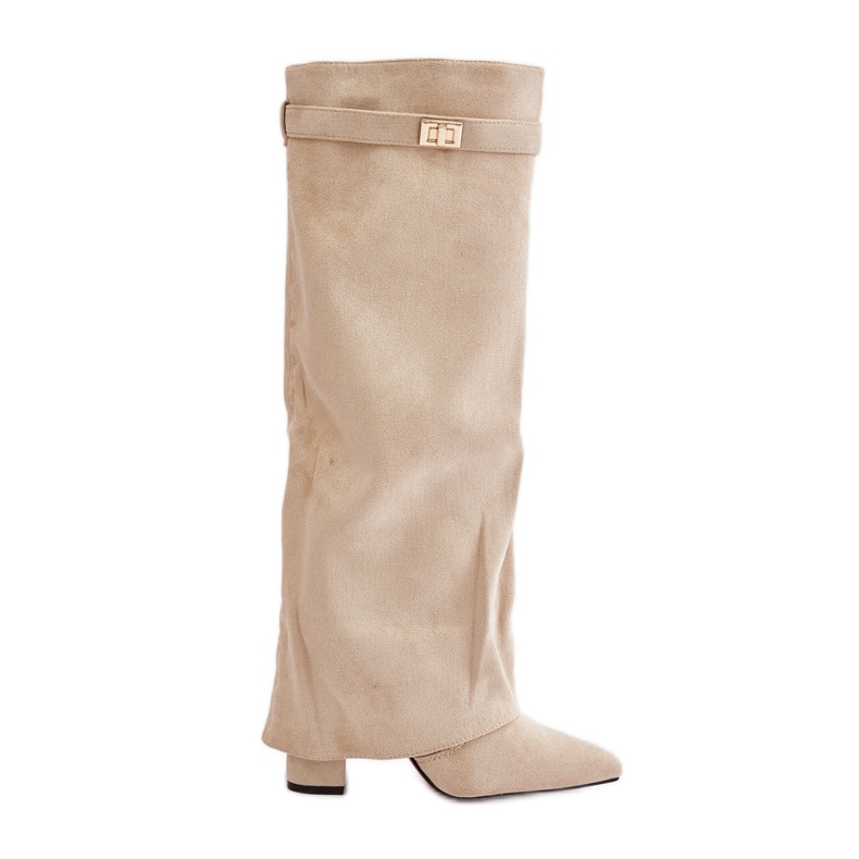 Světle béžové zateplené vysoké podpatky s vyhrnutým svrškem od Urelli béžový Světle béžové zateplené vysoké podpatky s vyhrnutým svrškem od Urelli béžový