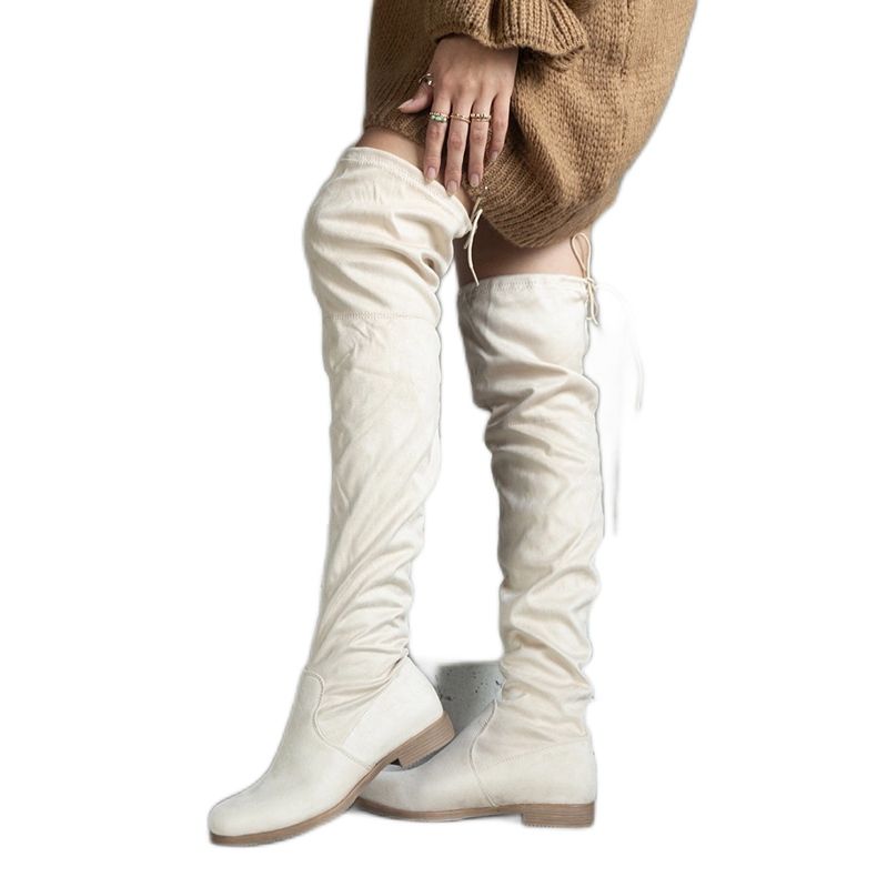 Béžové dlouhé boty na platformě vyrobené z eko-semišu Hallora béžový