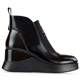Kožené lakované dámské kozačky na klínku Elegantní, zateplené dámské kotníkové boty černý