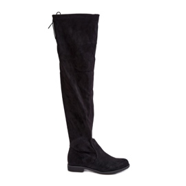 Kozačky na plochém podpatku nad kolena vyrobené z ekologického semiše, Black Linnithia černá Kozačky na plochém podpatku nad kolena vyrobené z ekologického semiše, Black Linnithia černá