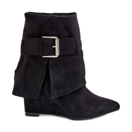Kotníkové boty na klínku s ohrnutým svrškem a přezkou, Eco Suede, Black Vortinia černý