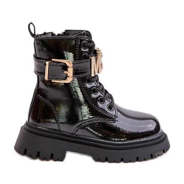 Dívčí lakované kozačky s ozdobným páskem, černý Gilian černá Dívčí lakované kozačky s ozdobným páskem, černý Gilian černá