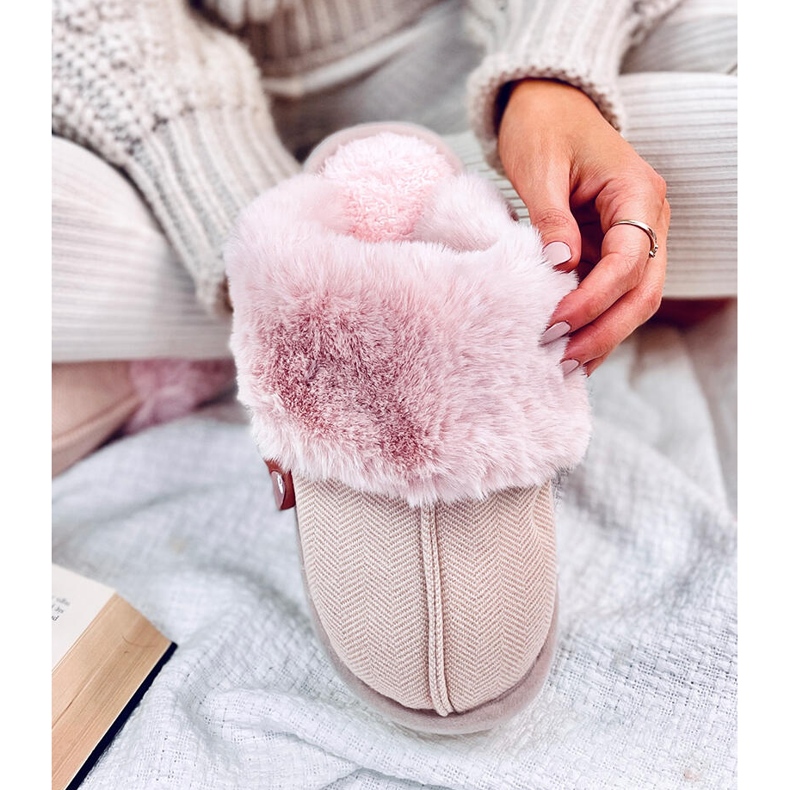 Pantofle Allens Powder Pink rybí kost s kožíškem růžový