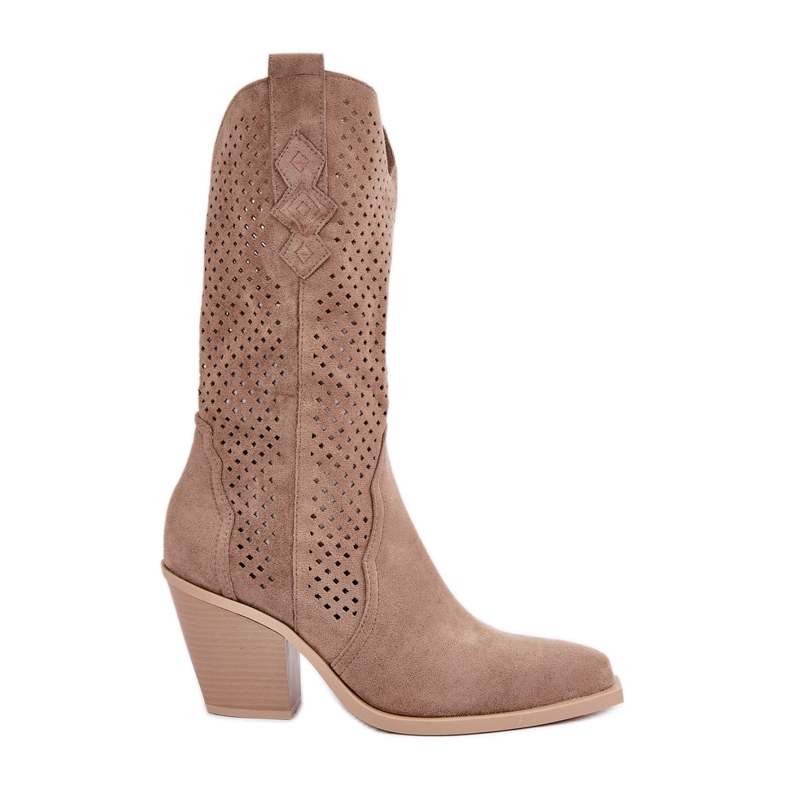 Prolamované kovbojské boty na vysokém podpatku, tmavě béžové béžový